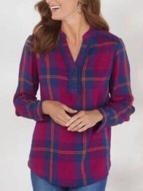 Soft Surroundings Top Womens Large Ellesmore Plaid Henley Layered Preppy Classic